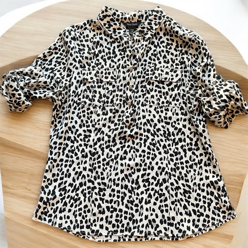 White House Black Market silk black and cream animal print blouse - Size 12